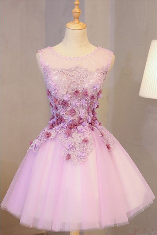 A Line Short Tulle With Appliques, Cute Sleeveless homecoming Dress With Flowers, Appliqued Graduation Dress cg12117