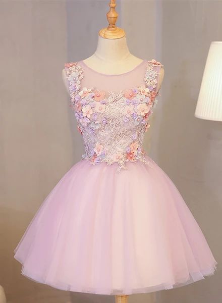 Cute Pink Round Neckline Tulle Party Dress with Flowers, Lovely Formal Dress homecoming Dress cg12118