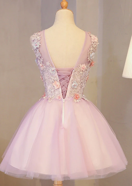 Cute Pink Round Neckline Tulle Party Dress with Flowers, Lovely Formal Dress homecoming Dress cg12118