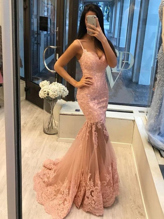 Sexy Meerjungfrau-Ballkleid mit Spitzenapplikationen, funkelnde Partykleider cg12122