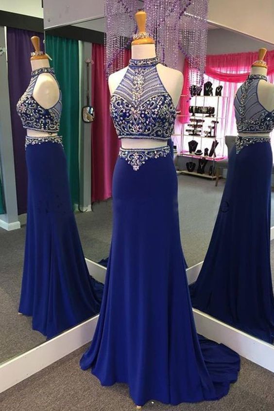 Navy Blue Chiffon Two Pieces Beading See-through Halter Train Long prom Dresses cg12141