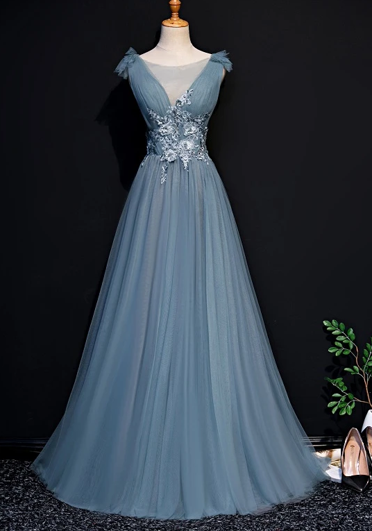 Beautiful Blue Tulle Long Party Dress, A-Line Prom Dress With Lace Applique cg12150