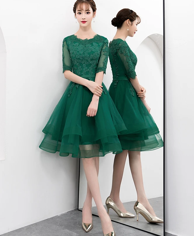 Charming Dark Green Tulle Knee Length Short Sleeves Party Dress Homecoming Dress cg12151
