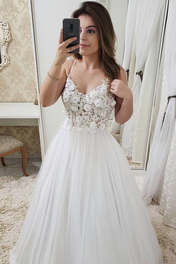 A Line Floral Appliques Bodice Prom Dress, Spaghetti Strap cg12163