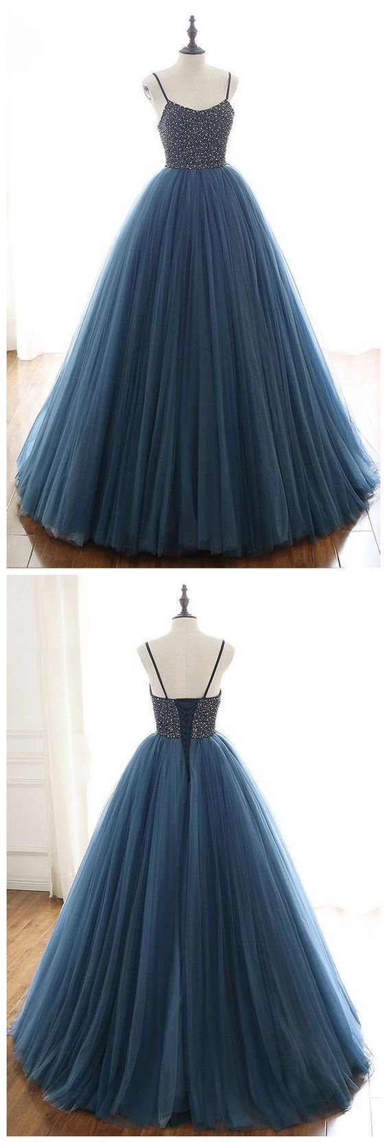 long prom dress with spaghetti straps, beaded bodice and floor length long cg12175