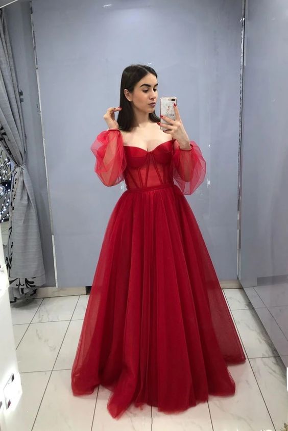 Burgundy Tulle Long Sleeves Prom Dress A Line Formal Dress cg12198