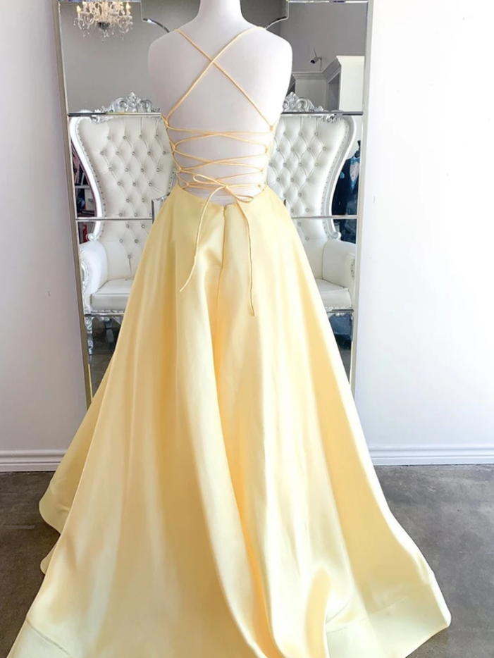 Yellow v neck satin long prom dress evening dress cg12204