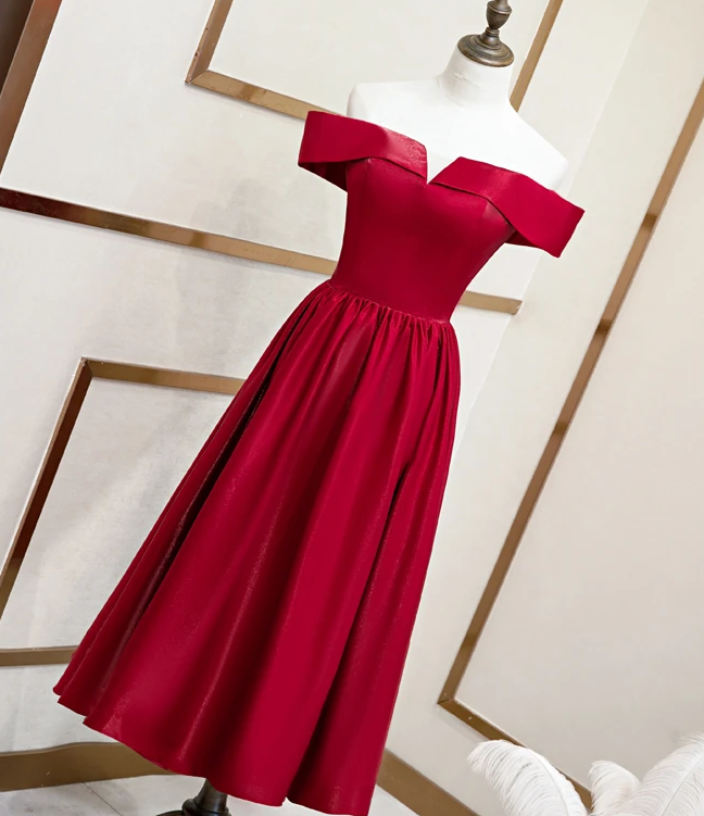 Beautiful Wine Red Tea Length Satin Bridesmaid Dress, Cute Short Prom Dress cg12205