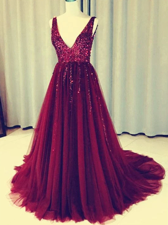 Charming Burgundy Beaded Tulle V-Neckline Long Party Dress, Prom Gown 2021 cg12206