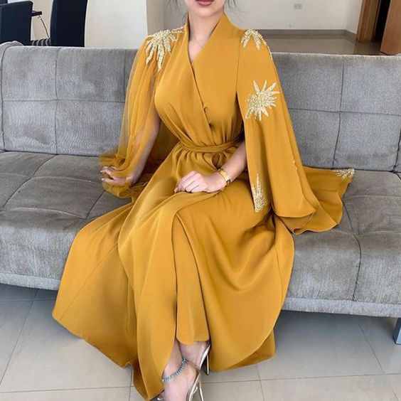 yellow prom dresses 2020 v neck long sleeve lace appliques beading sequins a line evening dresses formal dresses cg12219
