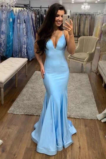 Sky Blue Mermaid Prom Dresses with Deep V-neckline cg12230