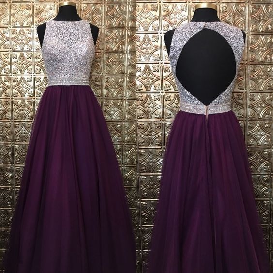 Grape Long Tulle Crystal Prom Dresses,Beaded Prom Dress With Keyhole Back cg12236