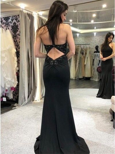 Black Crew Open Back Long Prom Dress Mermaid Beaded Evening Dress cg12241