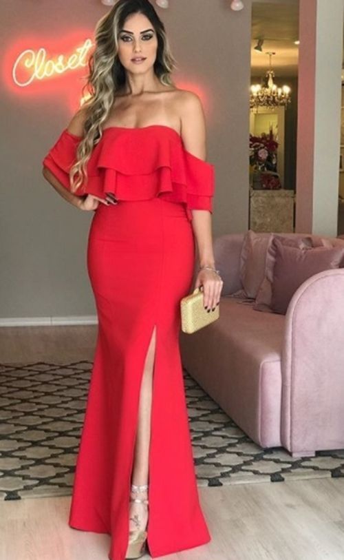 Red Mermaid Prom Dresses Strapless Off the Shoulder Side Slit Evening Formal Gowns cg12244