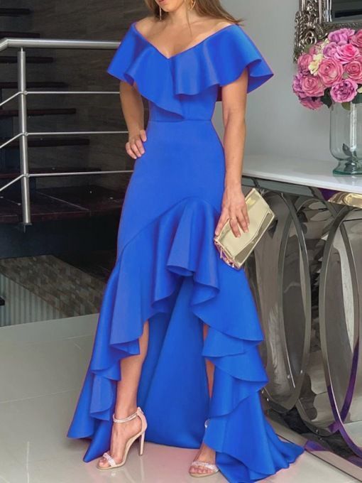 Off Shoulder Floor-Length High Waist Plain Dress,prom dress cg12245