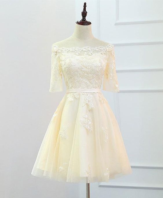 Champagne lace short homecoming dress, champagne evening dress cg12248