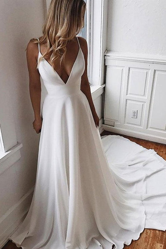 Elegantes langes Brautkleid aus weißem Satin mit V-Ausschnitt und Spitzenrücken, weißes Ball- und Abendkleid mit V-Ausschnitt cg12252