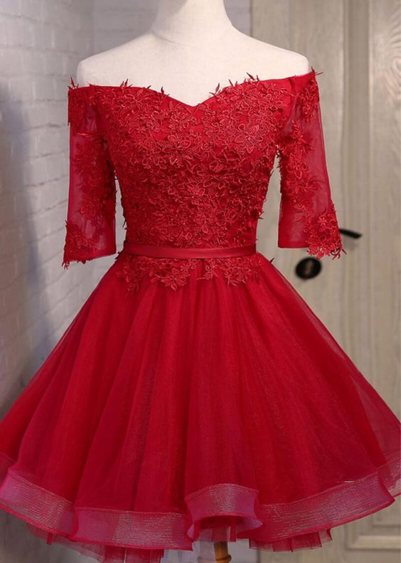 Off Shoulder Short Sleeve Red Lace Cute Homecoming Dress cg12265