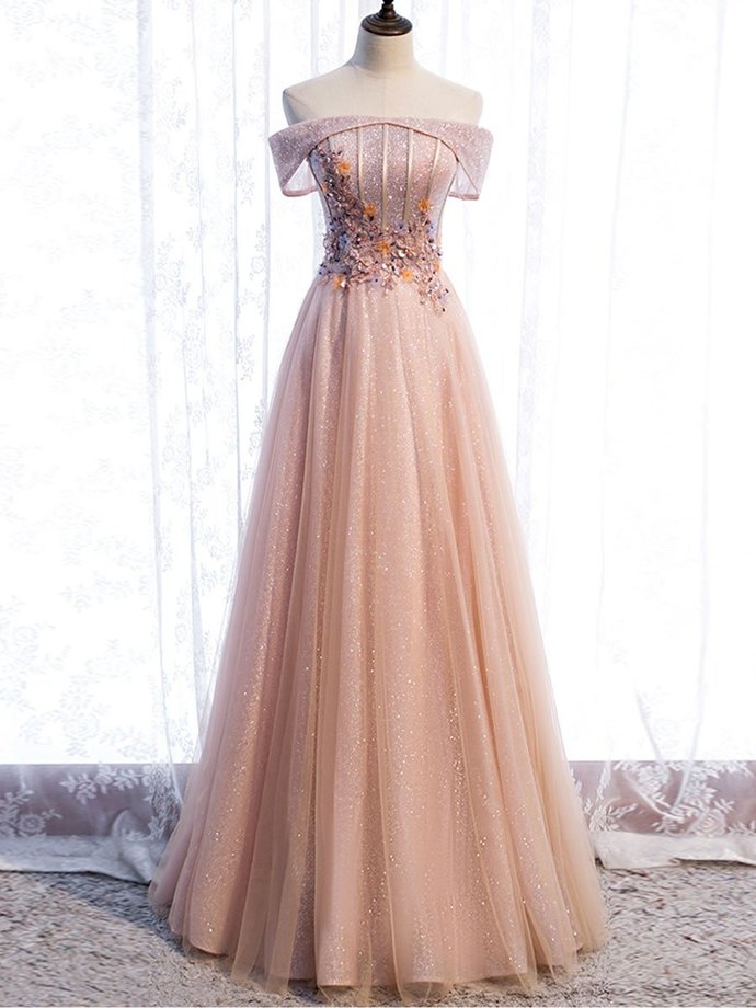 Pink tulle sequin long prom dress pink tulle formal dress cg12275