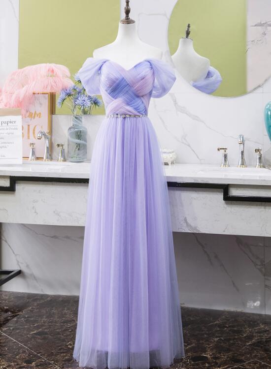 Light Purple Tull Off Shoulder Long Wedding Party Dress, Tulle Prom Dress cg12302