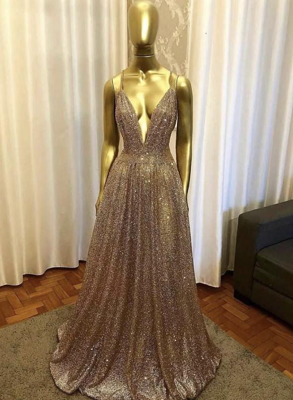 Gold v neck sequins long prom dress evening dress cg12332