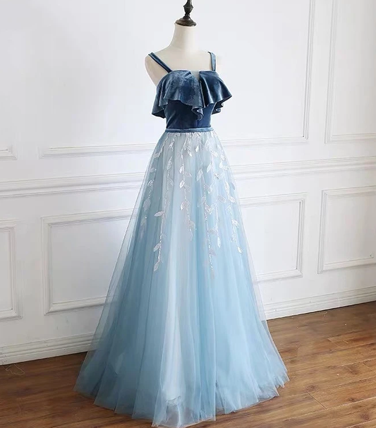 Blaue Träger, wunderschönes langes Party-Ballkleid aus Tüll und Samt, blaues A-Linien-Abendkleid cg12375
