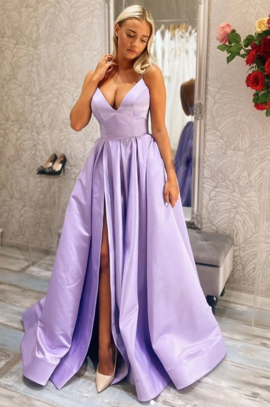 Schlichtes langes Ballkleid aus lila Satin mit V-Ausschnitt, lila Abendkleid cg12378