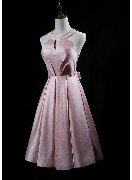Pink Cute Short Satin Halter Homecoming Dress With Bow cg12410