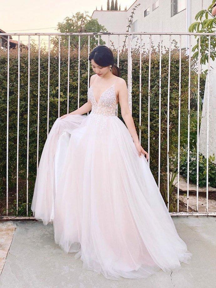 Light pink v neck tulle sequin beads long prom dress pink tulle formal dress cg12421