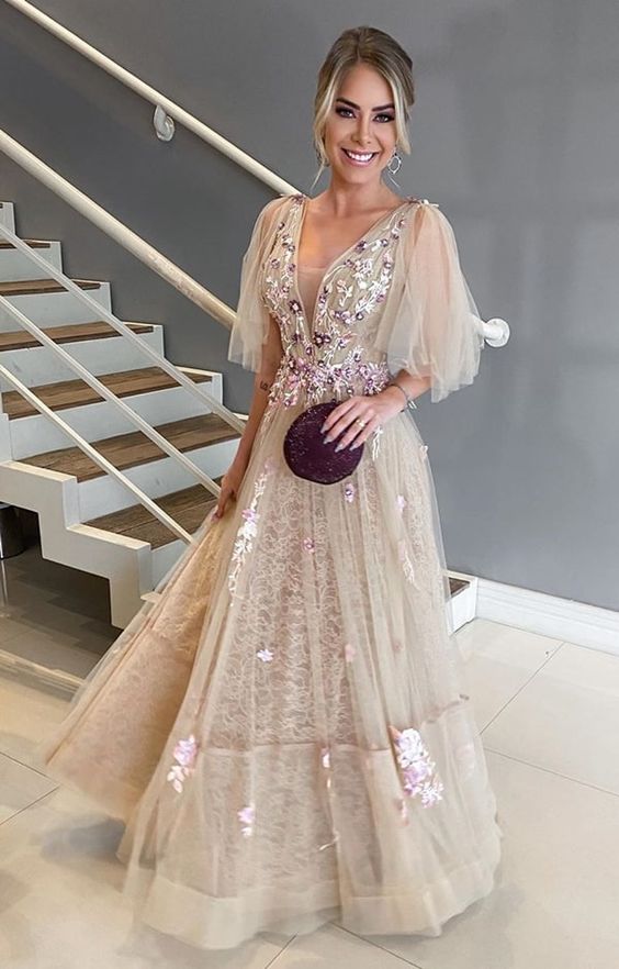 A-Line V-Neck Long Prom Dress with appliques cg12429