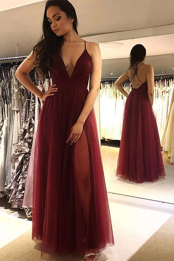 Deep V neck Burgundy Tulle Floor Length Prom Dress, Long Evening Dress cg12433
