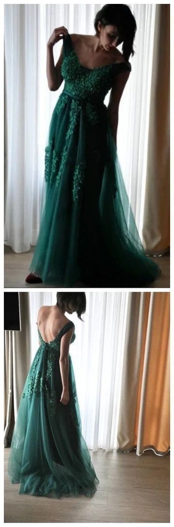 Off Shoulder A Line Green Appliques Prom Dress, Long Evening Dress cg12441