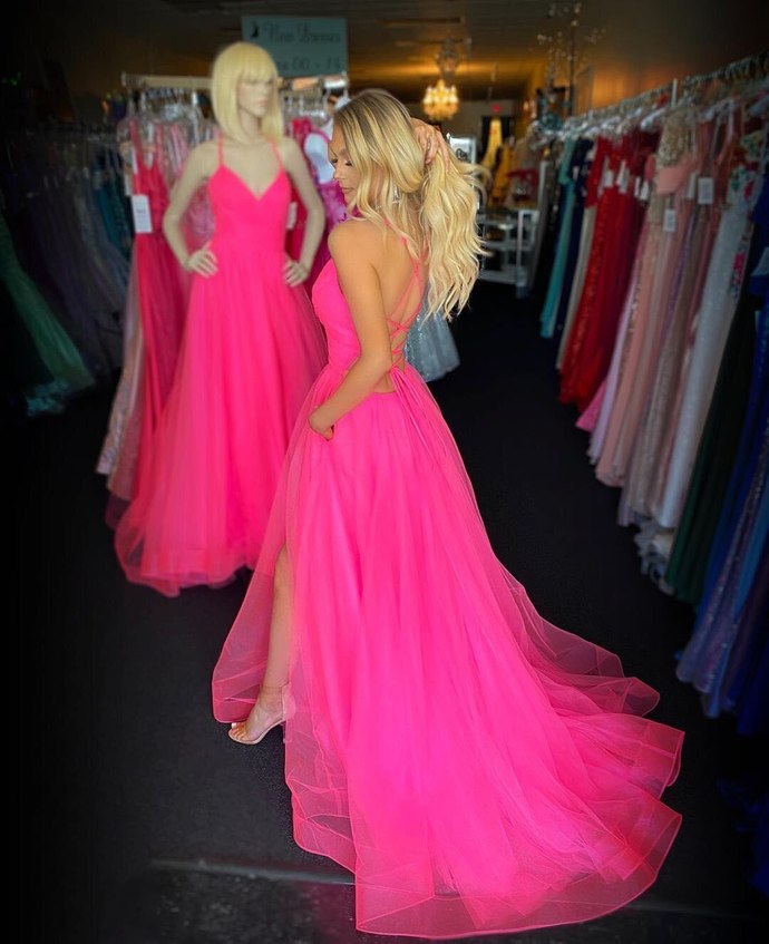 Spaghetti Straps Tulle A-Line Evening Prom Dress Pink Simple vestidos de festa longo Formal Party Dress Side Split cg12444