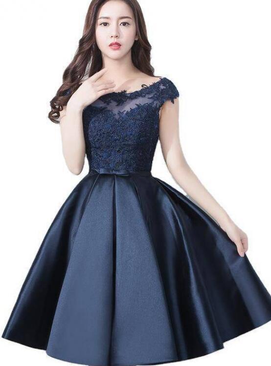 Beautiful Navy Blue Satin And Lace Knee Length Homecoming Dress cg12453