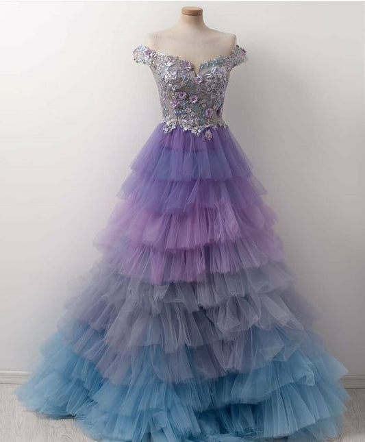 Buntes Ballkleid, Tüll-Ballkleid, Schulterfreies Ballkleid, Ballkleid mit Applikationen cg12459
