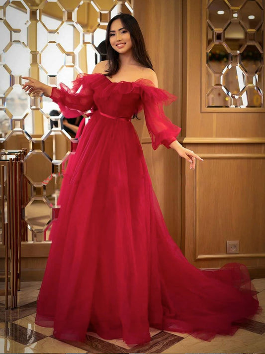 Langes Ballkleid aus rotem Tüll, rotes Abendkleid aus rotem Tüll, cg12478