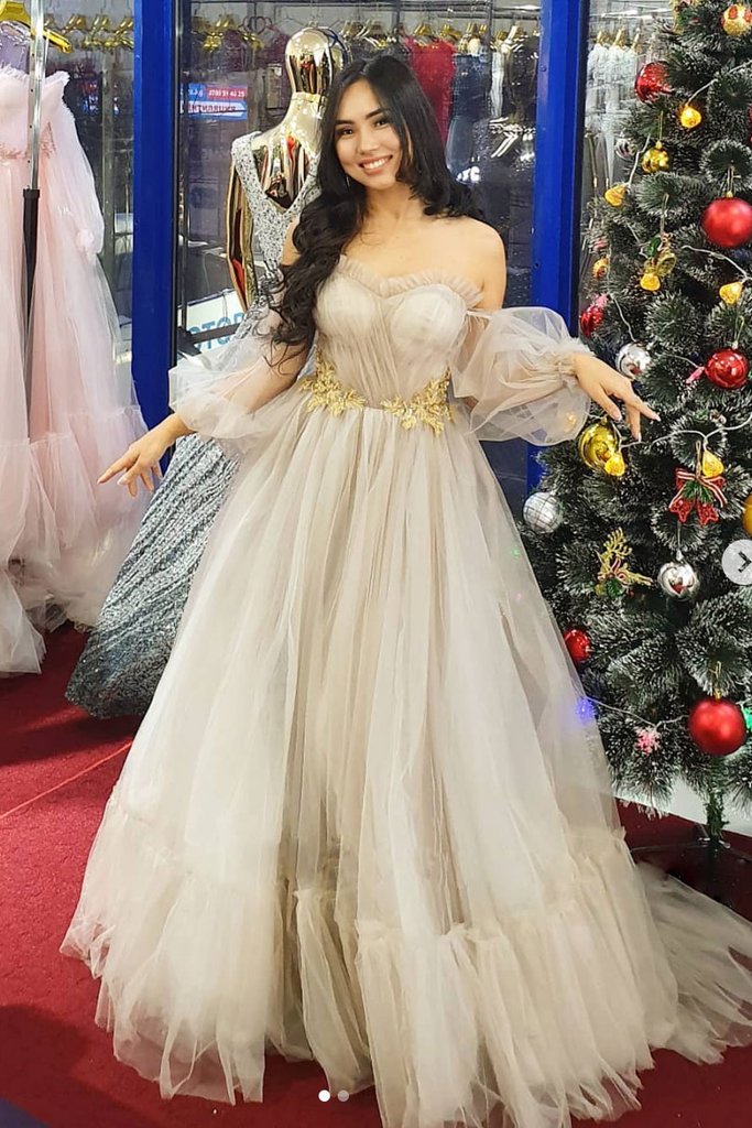 CHAMPAGNE SWEETHEART TULLE LACE LONG PROM DRESS LACE FORMAL DRESS cg12480