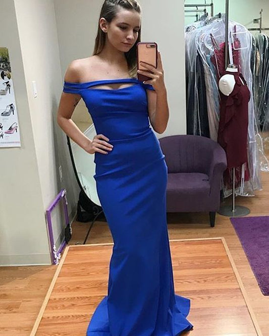 Langes, schulterfreies, königsblaues Meerjungfrau-Ballkleid aus Satin mit Cut-outs, cg12482