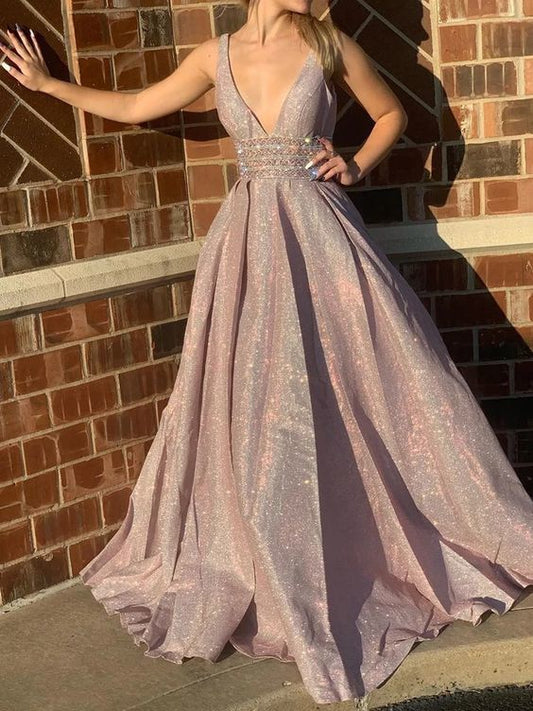 Sexy tiefem V-Ausschnitt A-Linie lange funkelnde Ball- und Abendkleider cg12486