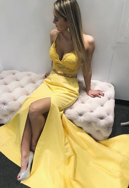 zweiteiliges langes gelbes Ballkleid, Meerjungfrauen-Ballkleid 2019 mit Seitenschlitz, Prinzessinnen-Ballkleid, formelles Abendkleid cg1250