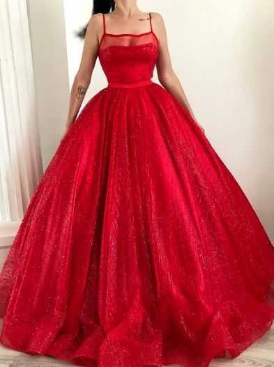 Spaghetti-straps Square Sparkly Red Tulle Ball Gown Long Prom Dresses cg12502