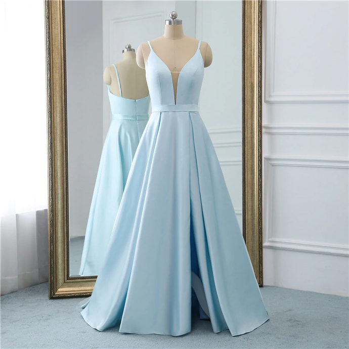 Sexy A Line V Neck Backless Satin Elegant Prom Dresses Spaghetti Strap Zipper Backless Floor Length Prom Dress cg12503
