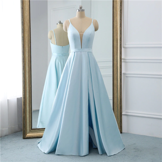 Sexy A-Linie V-Ausschnitt Rückenfrei Satin Elegante Ballkleider Spaghettiträger Reißverschluss Rückenfrei Bodenlang Ballkleid cg12503