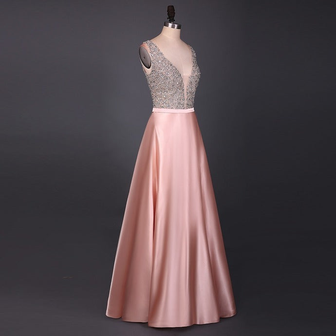 A Line Evening Dress Beading V Neck Sleeveless Long Evening Dresses Floor Length Satin prom dress cg12504