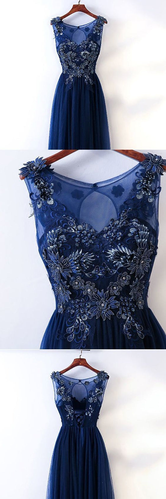 Langes marineblaues Tüll-Ballkleid mit Stickerei, ärmellos, cg12507
