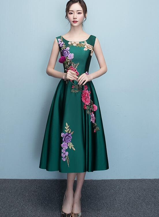 Dark Green Tea Length Bridesmaid Dress, Green Satin Prom Dress cg12523