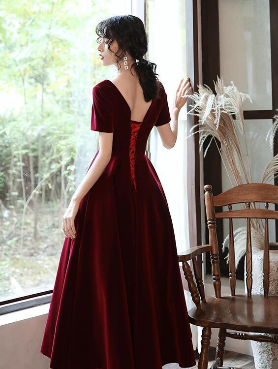 Weinrotes Teelänge Kurze Ärmel Vintage Stil Partykleid, Samt Brautjungfernkleid Abschlussballkleid cg12524