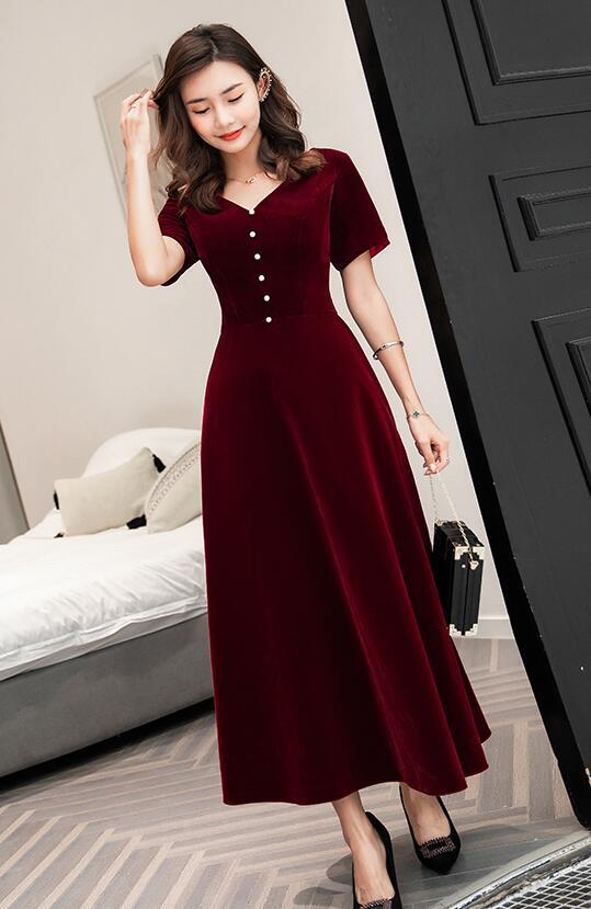 red velvet bridesmaid dresses Wine Red Tea Length Short Sleeves Vintage Style Party Dress, Velvet Br – classygown