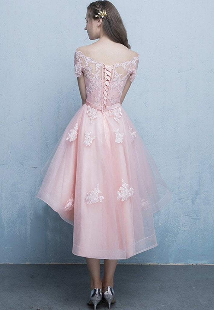Beautiful Pink Off Shoulder High Low Tulle Homecoming Dress cg12525