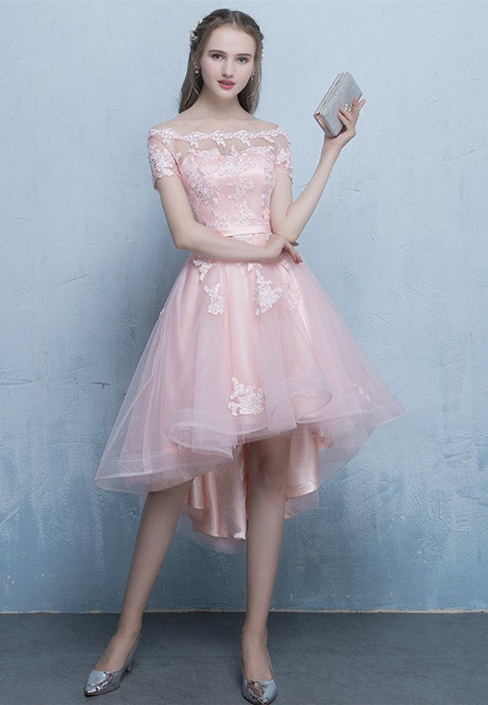 Beautiful Pink Off Shoulder High Low Tulle Homecoming Dress cg12525